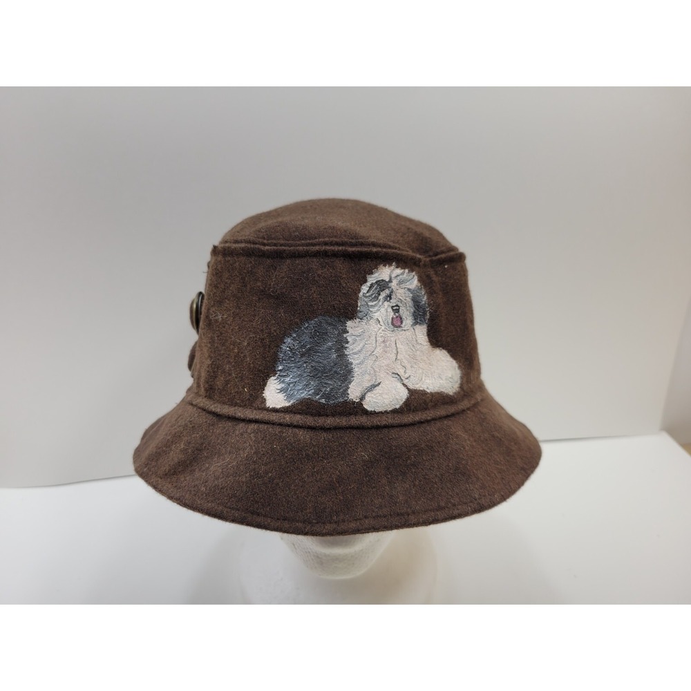 Nine West Brown Wool Blend Mens Bucket Hat with Sheepdog Dog Design Lined